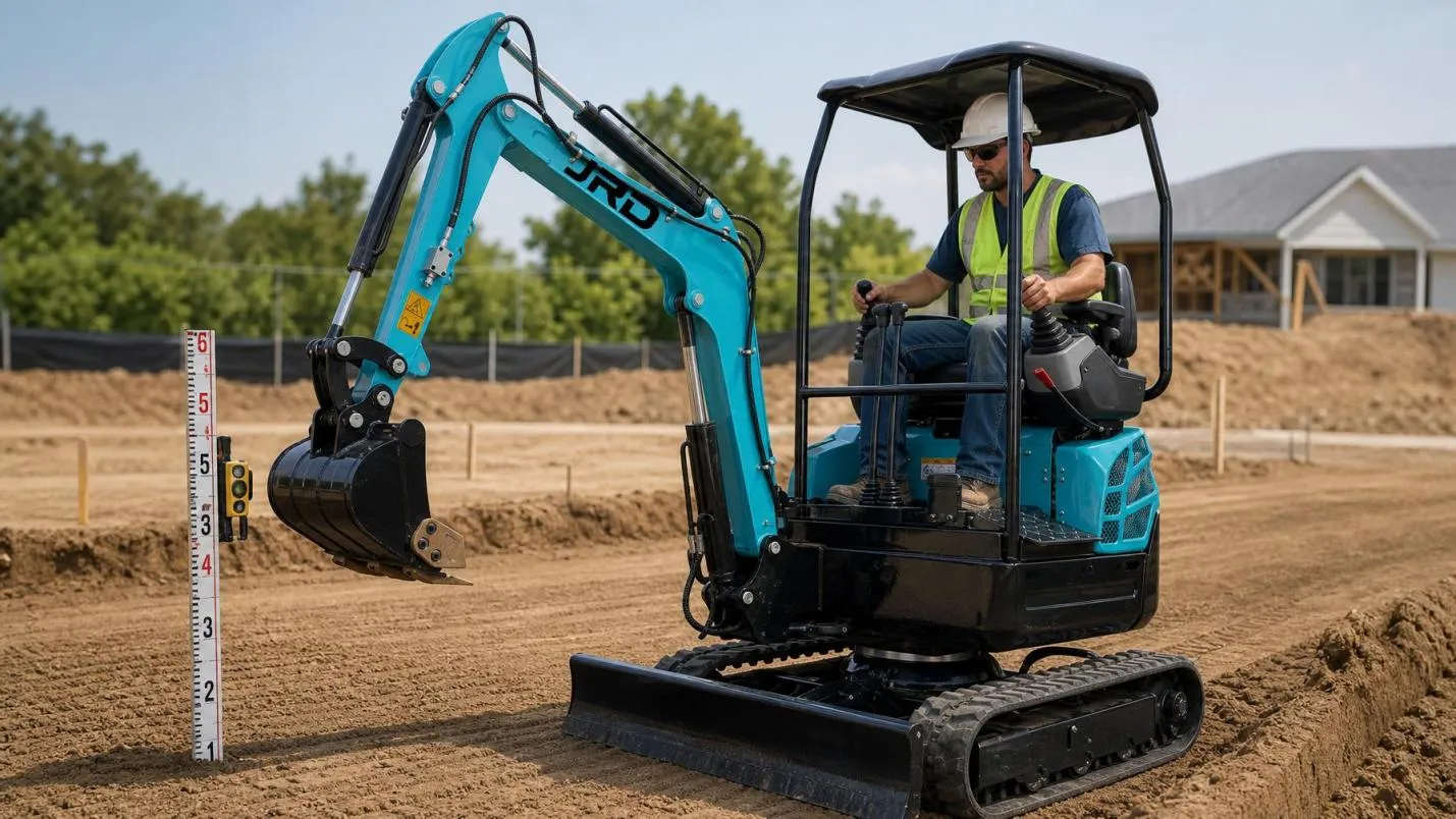 Excavator operator checking grade level through cab window during finish grading Getting the Grade Right — Leveling and Finishing With a Mini Excavator