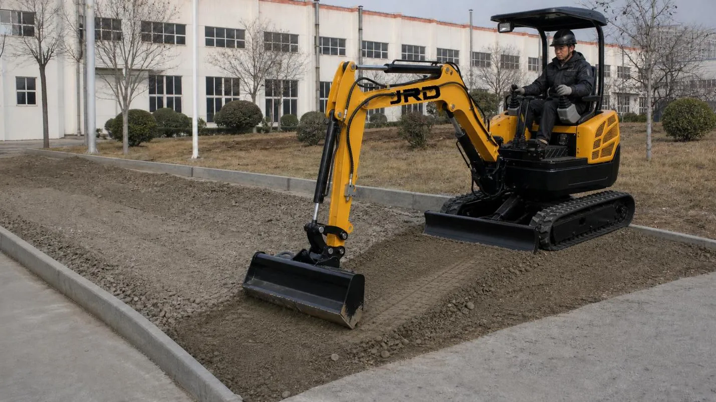 Hydraulic tilt bucket on mini excavator grading sloped driveway sub-base Getting the Grade Right — Leveling and Finishing With a Mini Excavator - detail image 2