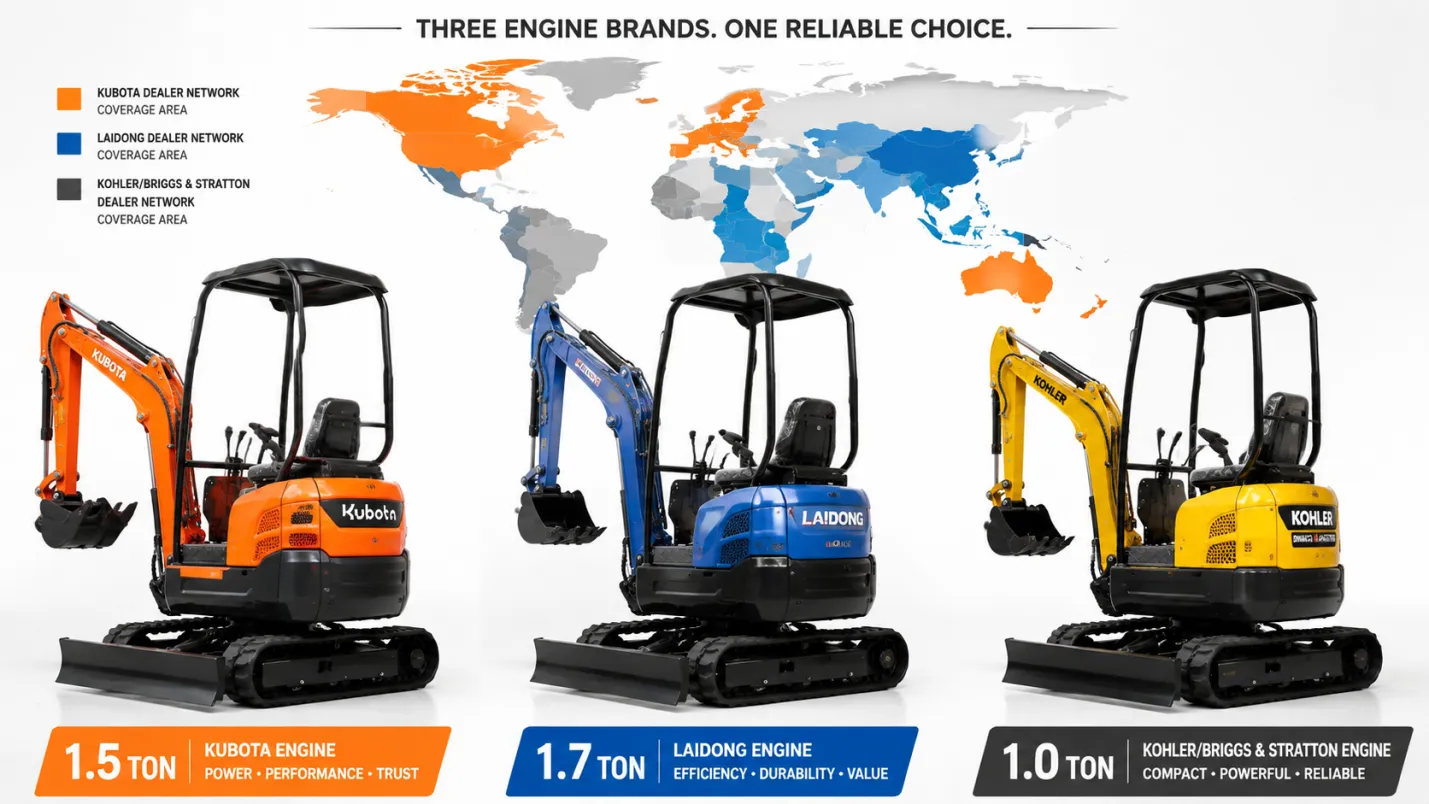 Mini Excavator Engine Comparison — Kubota, Laidong, Kohler, and What Each One Means for Your Operation