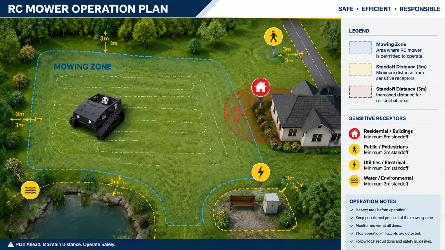 RC mower operation plan diagram showing mowing zone, sensitive receptor location, and recommended standoff distances RC Mower Noise Levels Regulation, Hearing Protection and Community Impact - detail image 2